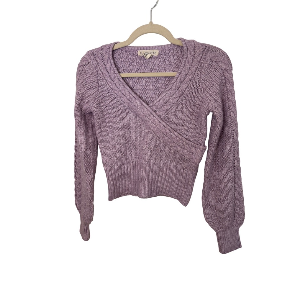 Happily Grey‎ Sweater XS Purple Lilac Wrap Surplice Cable Knit Cropped Coquette